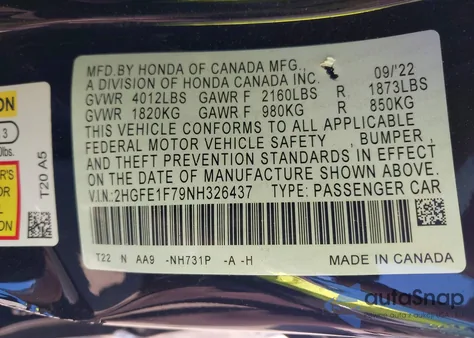 2022 Honda Civic Ex from USA, damaged, VIN 2HGFE1F79NH326437